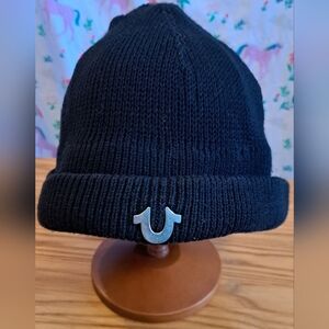 Vintage Y2K True Religion Black Rib Knit Cotton Unisex Casual Winter Beanie Hat